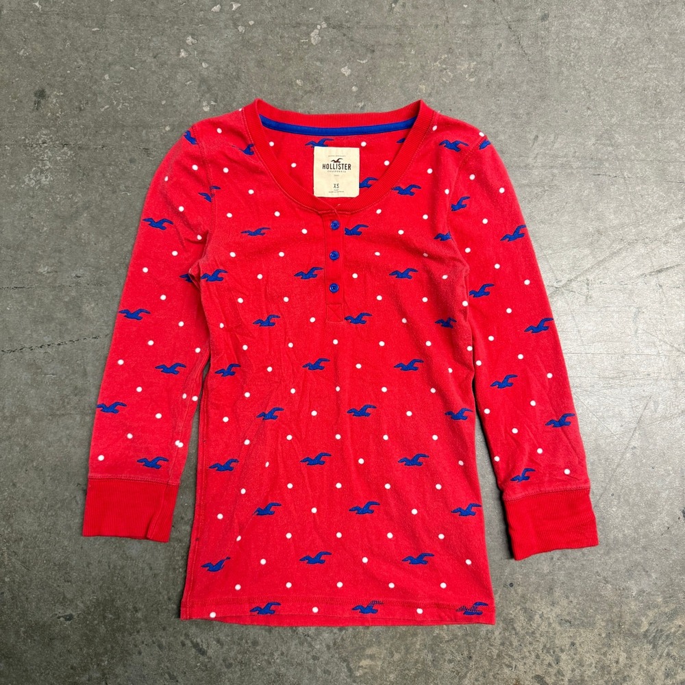 Hollister Womens XS Red Polka Dot Seagull Logo Sleep Henley Long Sleeve Top